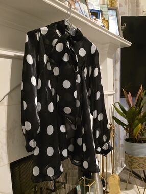 Black Sheer Polka Dot Tie-Neck Blouse